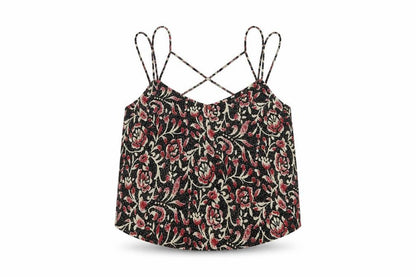 Front view of ASOS women’s multicoloured geometric polyester cropped tank, size UK 8, roll neck