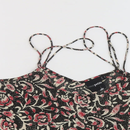Close-up detail of ASOS women’s multicoloured geometric polyester cropped tank, size UK 8, roll neck