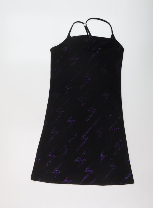 Feeling Womens Black Geometric Polyester Mini Size M Square Neck Pullover