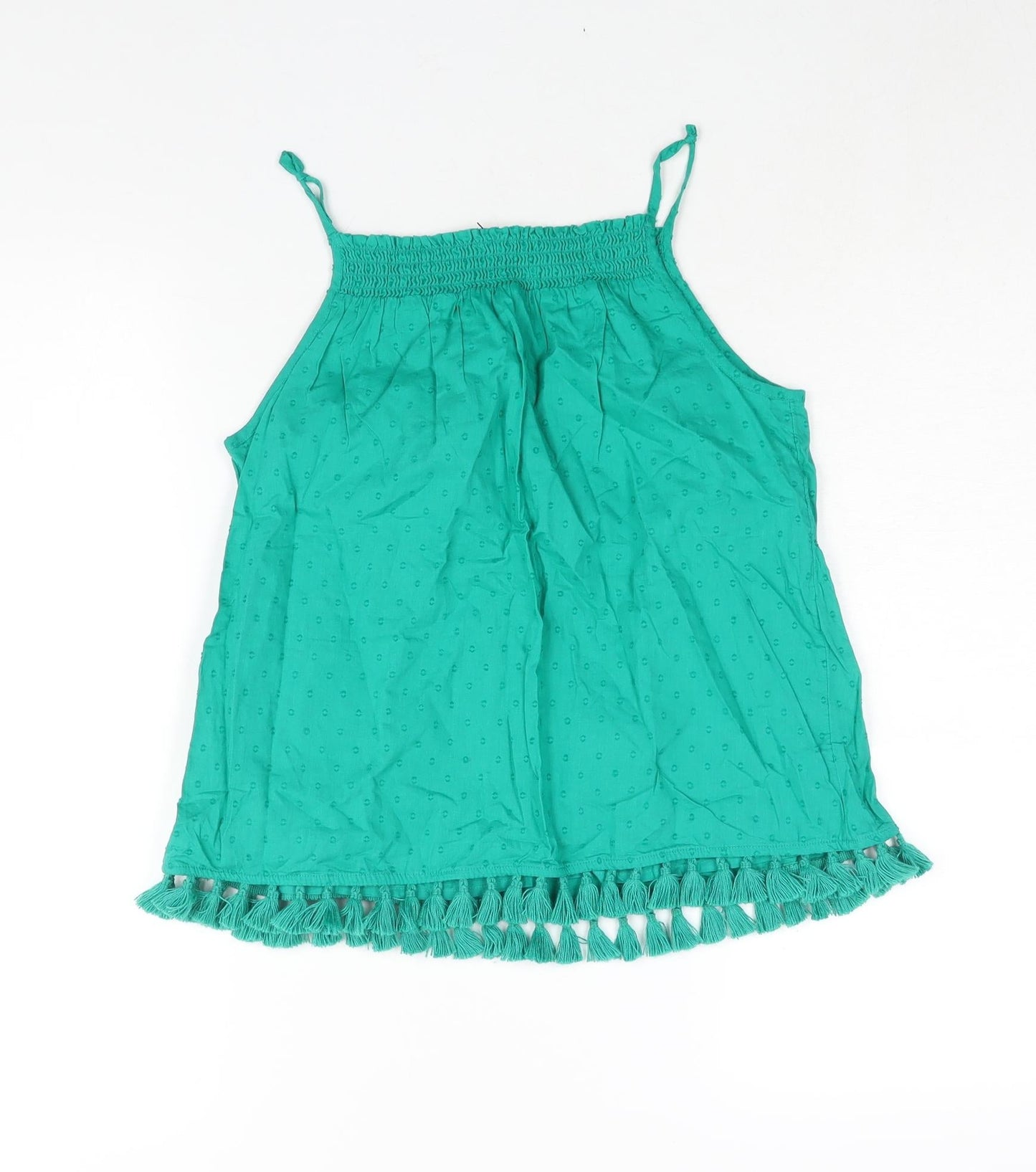 NEXT Girls Green Polka Dot Cotton Camisole Blouse Size 12 Years Square Neck Pullover - Tassle Hem