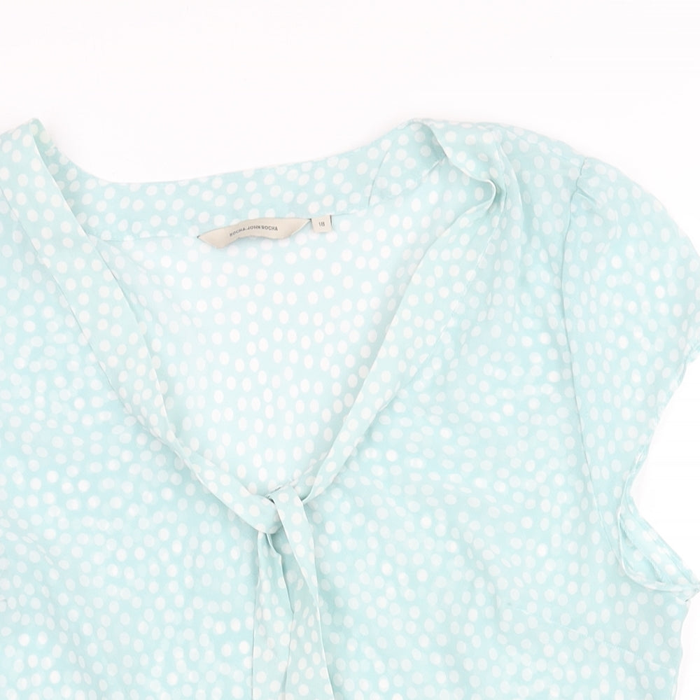 RJR.John Rocha Womens Blue Polka Dot Polyester Basic Blouse Size 18 V-Neck - Tie Detail Semi Sheer