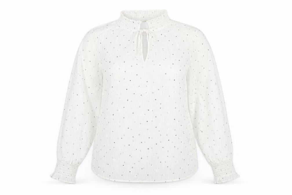 Marks & Spencer Womens White Polka Dot Polyester Basic Blouse Size 12 Mock Neck - Keyhole Neck