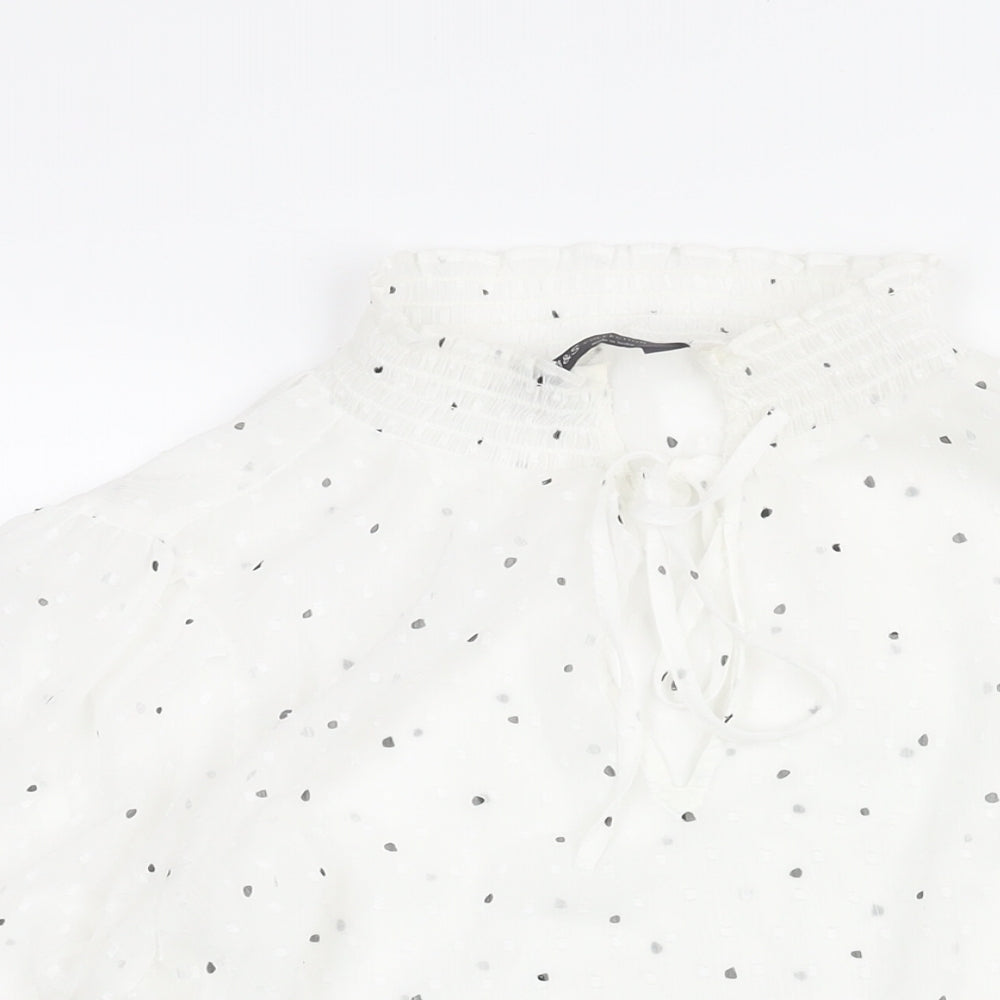 Marks and Spencer Womens White Polka Dot Polyester Basic Blouse Size 12 Mock Neck - Keyhole Neck