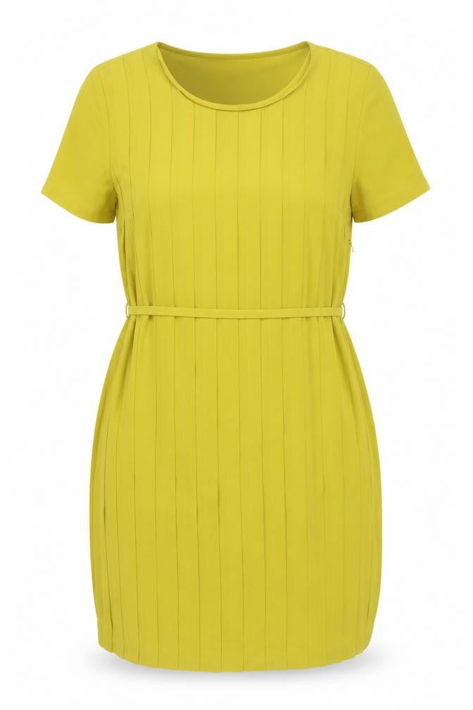 N.W.3 Womens Yellow Polyester Shift Size 10 Round Neck Zip - Belted Pleated