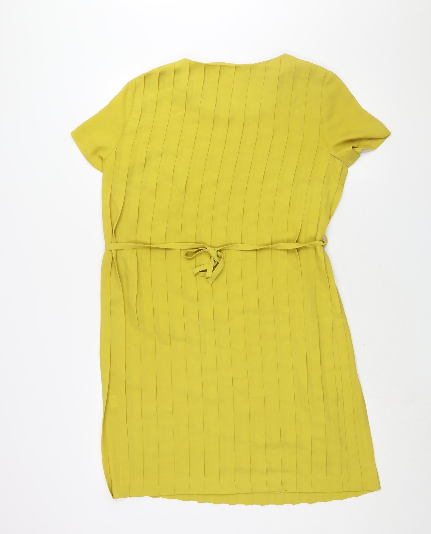 N.W.3 Womens Yellow Polyester Shift Size 10 Round Neck Zip - Belted Pleated