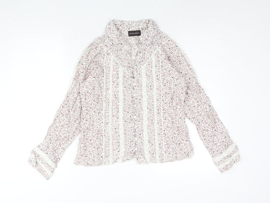 Principles Womens Ivory Floral Cotton Basic Button-Up Size 12 Collared - Lace Trim