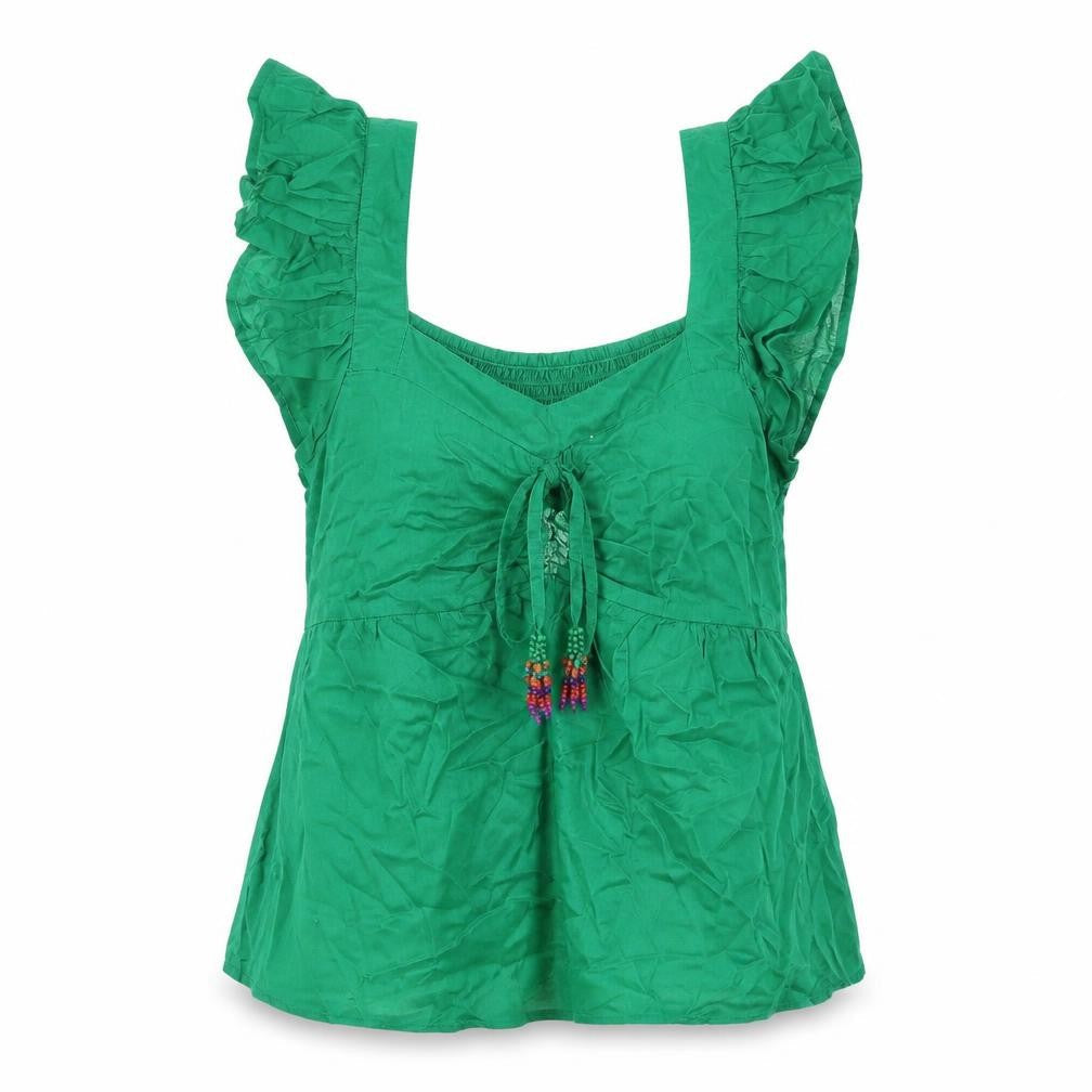 AND/OR Womens Green Cotton Basic Blouse Size 8 Square Neck - Drawstring Detail Beaded Tassle