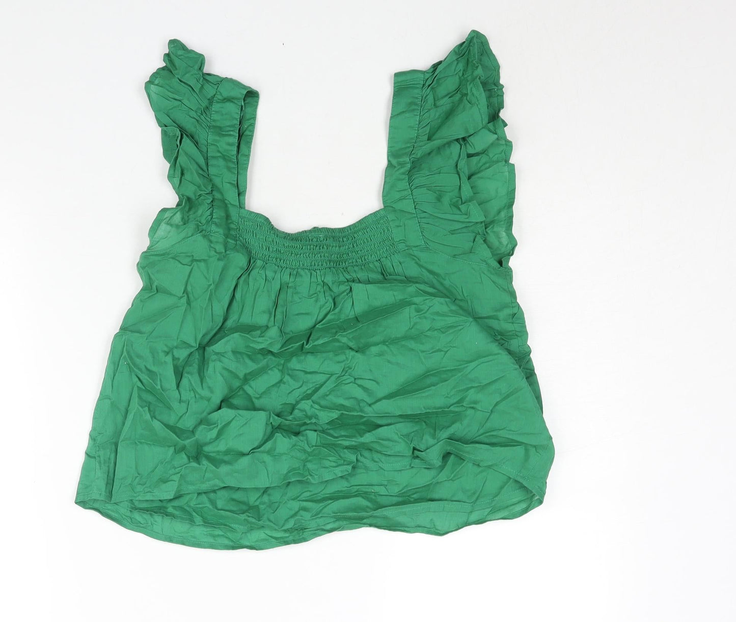 AND/OR Womens Green Cotton Basic Blouse Size 8 Square Neck - Drawstring Detail Beaded Tassle