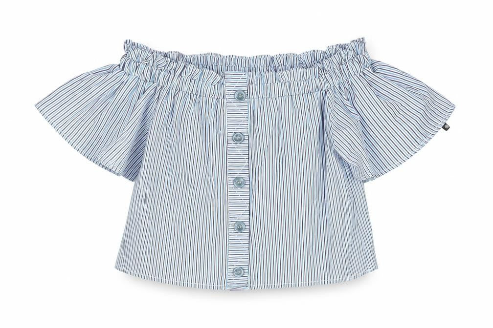 Missguided Womens Blue Striped Polyester Basic Blouse Size 6 Off the Shoulder - Rouched Button Detail