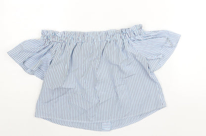 Back view of Missguided women’s blue striped polyester basic blouse, size UK 6, off the shoulder - rouched button detail
