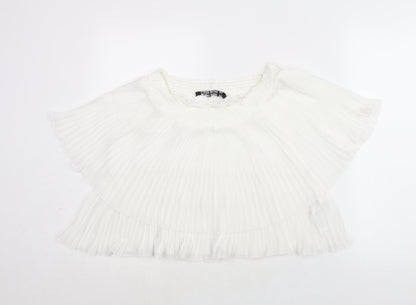 Zara Womens White Polyester Basic Blouse Size M Boat Neck - Layered Pleat