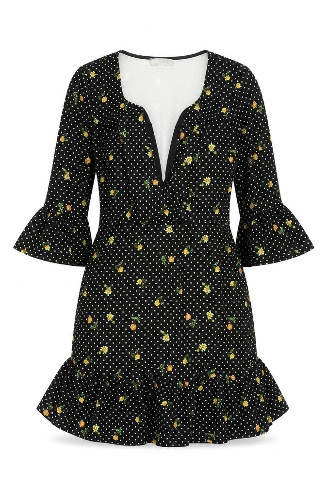 ASOS Womens Black Floral Polyester Mini Size 8 Sweetheart Pullover - Frill Polka Dot