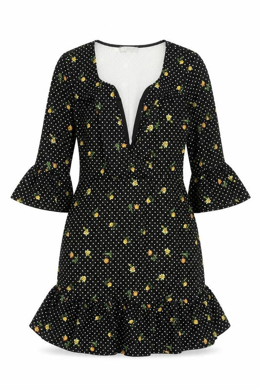 ASOS Womens Black Floral Polyester Mini Size 8 Sweetheart Pullover - Frill Polka Dot