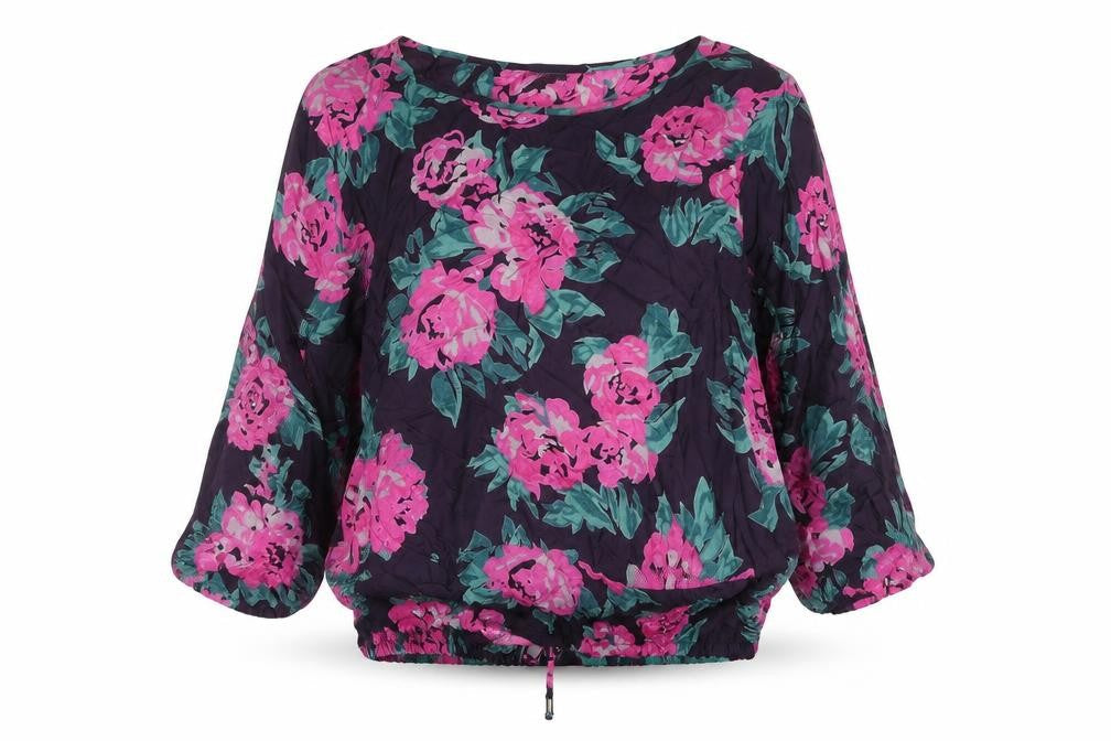Masai Womens Purple Floral Viscose Basic Blouse Size L Roll Neck - Drawstring Hem