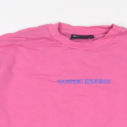 Close-up detail of ASOS women’s pink cotton pullover sweatshirt, size XS, pullover