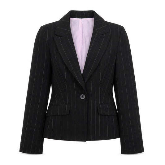 Front view of Red Herring women’s black striped jacket blazer, size UK 8, button