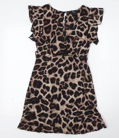 Additional front view of AX women’s beige animal print polyester a-line, size UK 8, v-neck zip