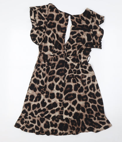 Back view of AX women’s beige animal print polyester a-line, size UK 8, v-neck zip