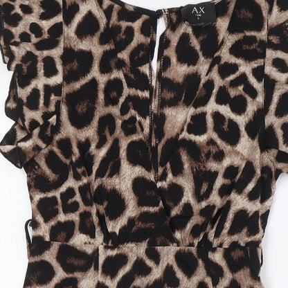 Close-up detail of AX women’s beige animal print polyester a-line, size UK 8, v-neck zip