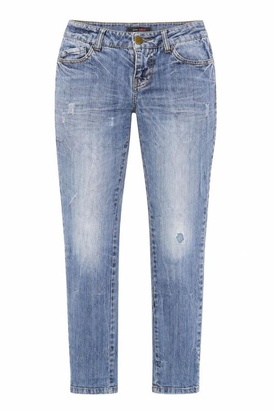 Love Label Womens Blue Cotton Blend Tapered Jeans Size 6 L29 in Regular Zip - Distressed