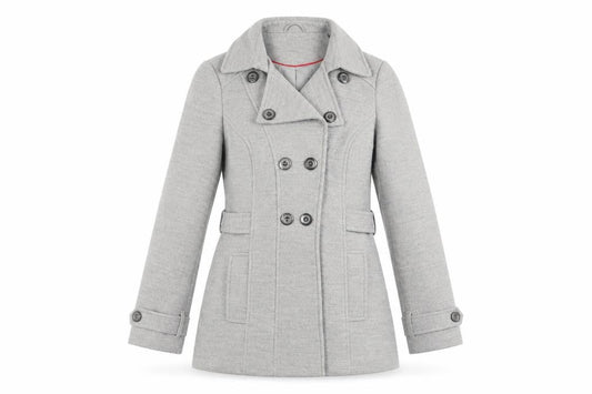 Front view of Dunnes women’s grey pea coat coat, size UK 14, button