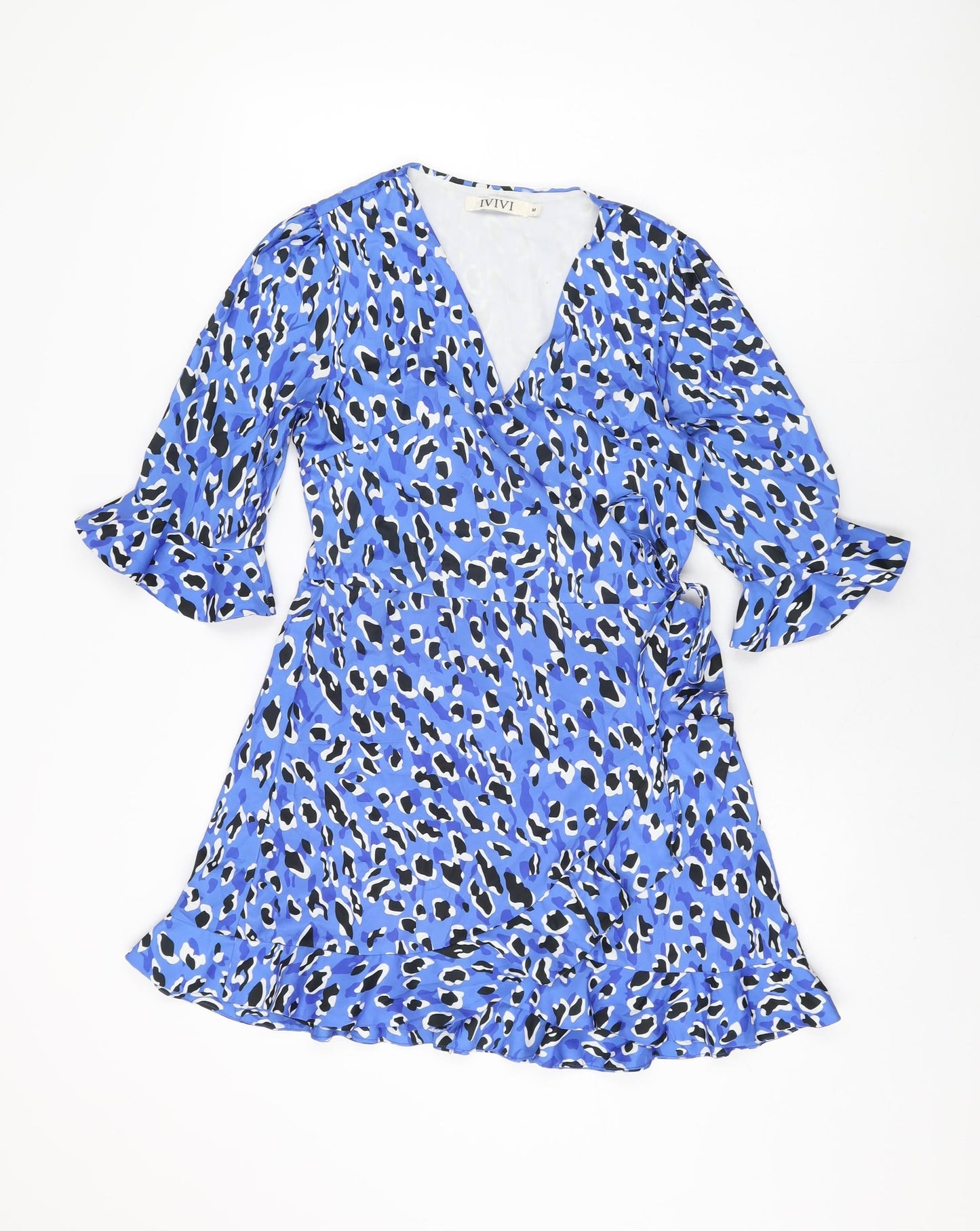 IVIVI Womens Blue Animal Print Polyester Wrap Dress Size M V-Neck Tie