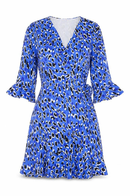 IVIVI Womens Blue Animal Print Polyester Wrap Dress Size M V-Neck Tie