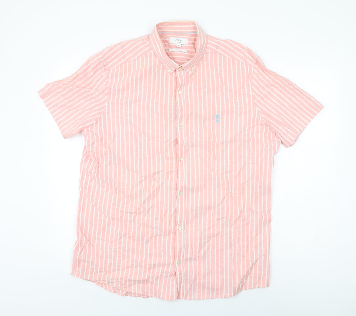 NEXT Mens Pink Striped Cotton Button-Up Size XL Collared Button