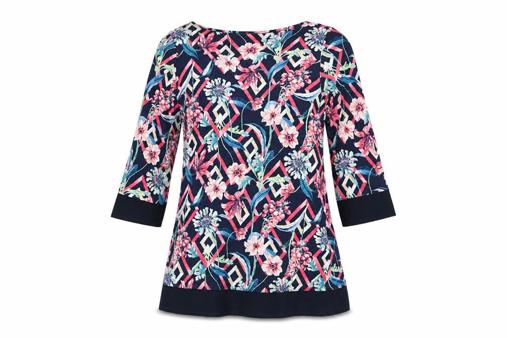 Marks & Spencer Womens Blue Floral Viscose Basic T-Shirt Size 10 Round Neck