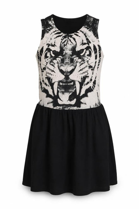 Topshop Womens Black Animal Print Cotton Skater Dress Size 10 Round Neck Pullover