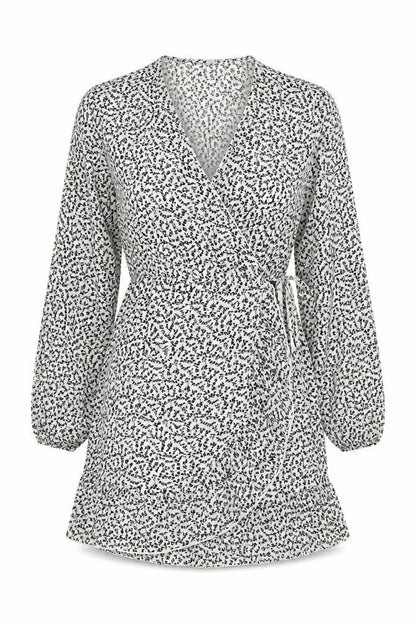 Front view of JDY women’s white floral polyester wrap dress, size UK 6, v-neck pullover