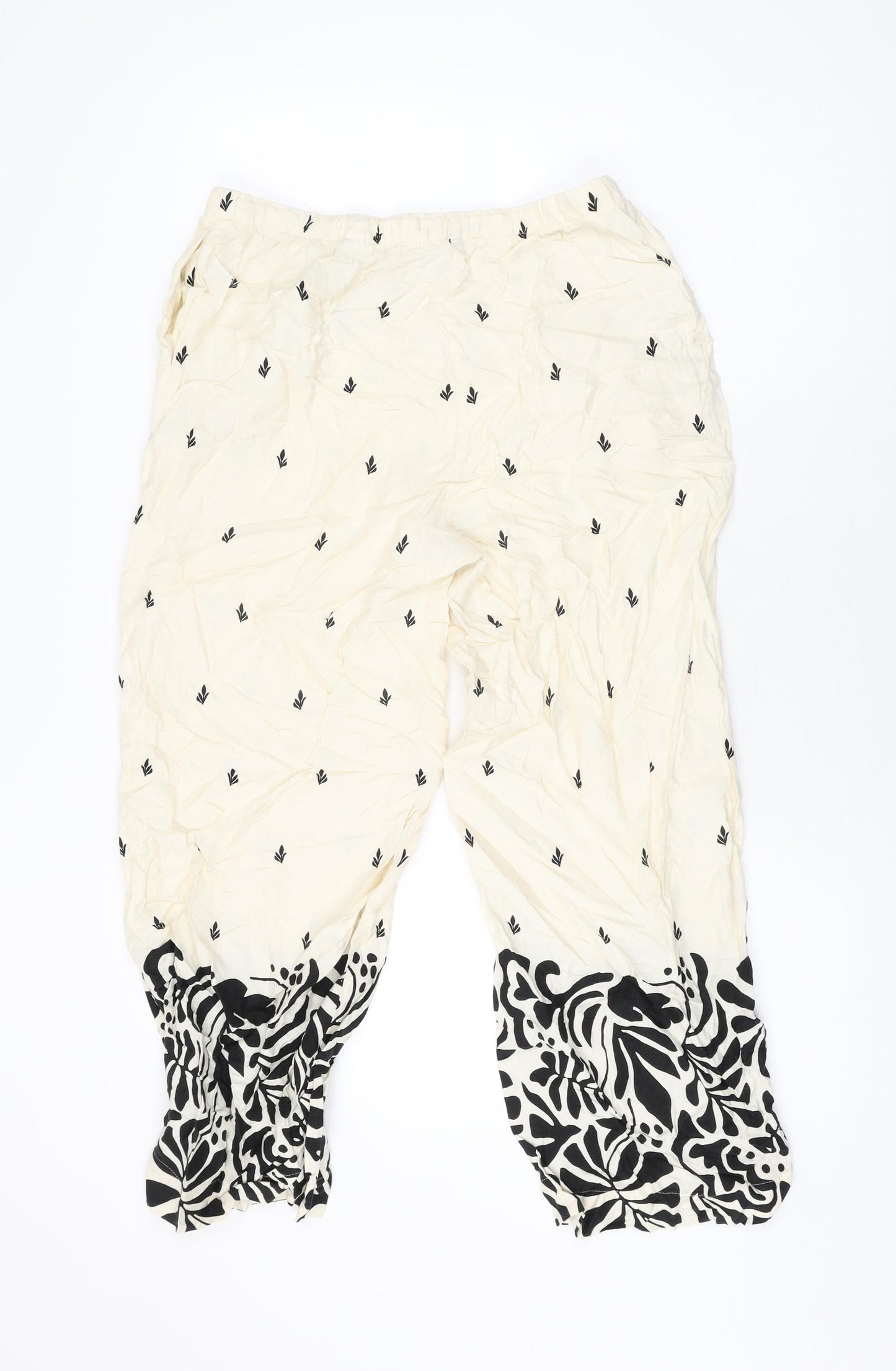 Marks and Spencer Womens Ivory Geometric Viscose Trousers Size 12 L24 in Regular Drawstring