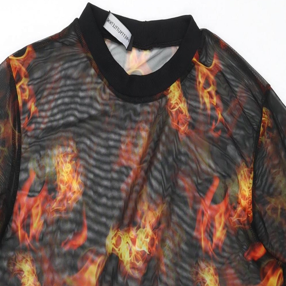 PRETTYLITTLETHING Womens Black Geometric Polyester Shift Size 6 Round Neck Pullover - Sheer