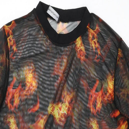 PRETTYLITTLETHING Womens Black Geometric Polyester Shift Size 6 Round Neck Pullover - Sheer