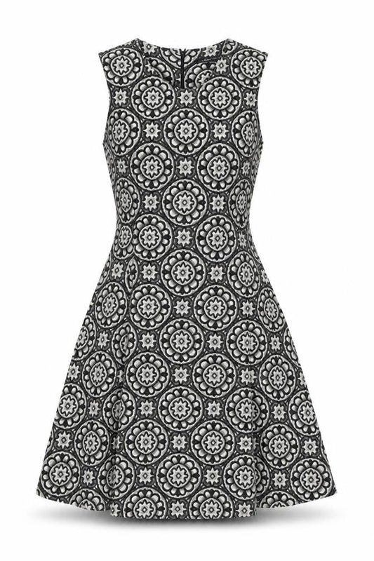 Zara Womens Grey Geometric Cotton Skater Dress Size XS Round Neck Zip