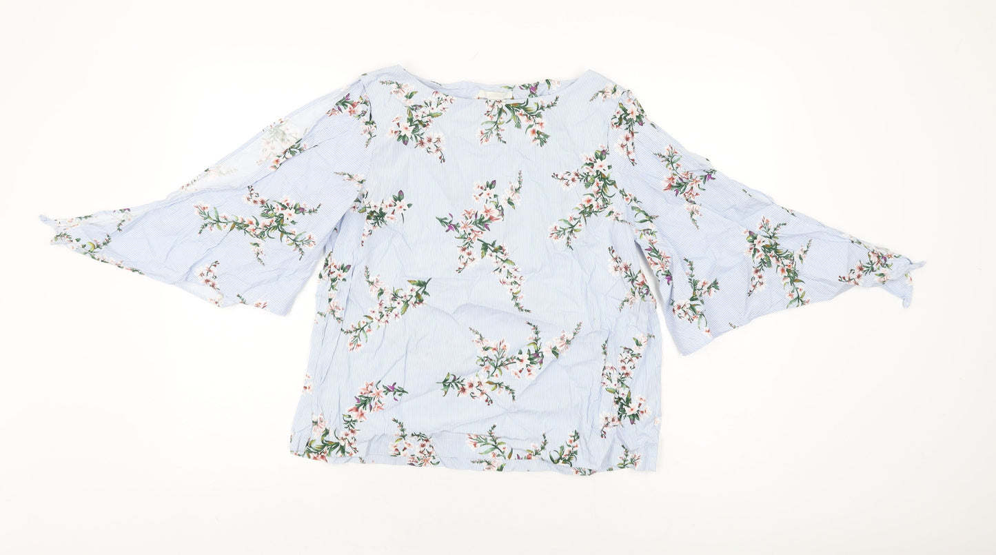 H&M Womens Blue Floral Cotton Basic T-Shirt Size 10 Round Neck