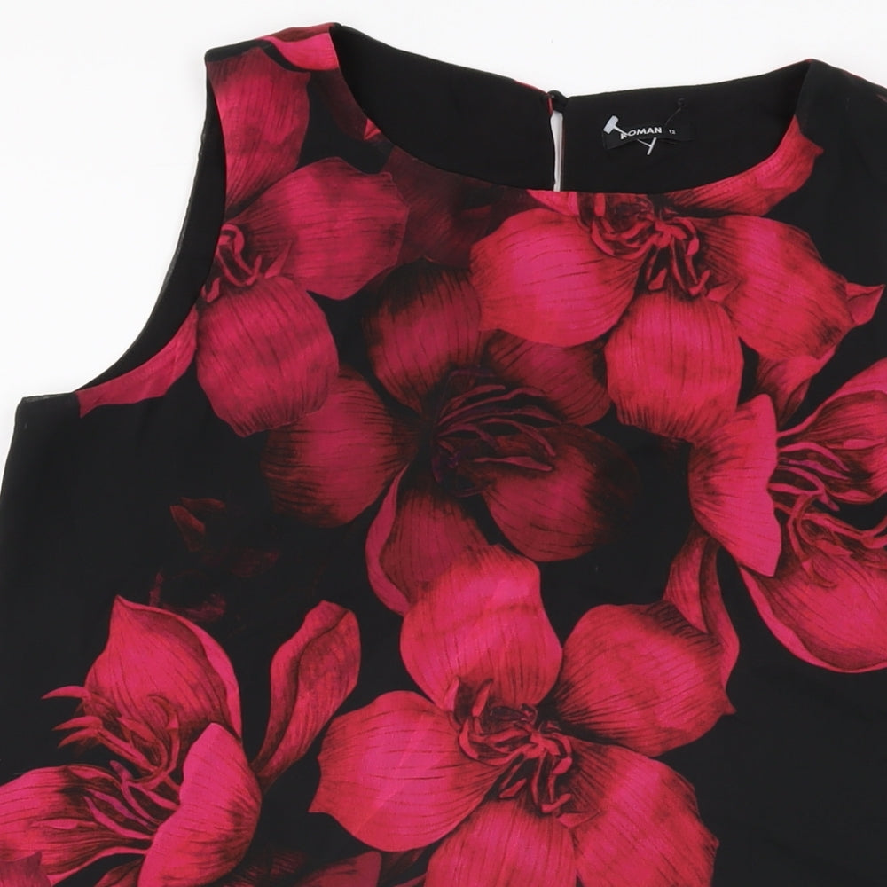 Roman Womens Black Floral Polyester Basic Blouse Size 12 Round Neck