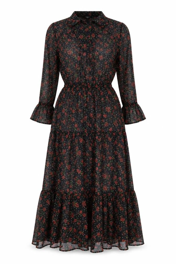 Marks & Spencer Womens Black Floral Polyester A-Line Size 8 Round Neck Tie