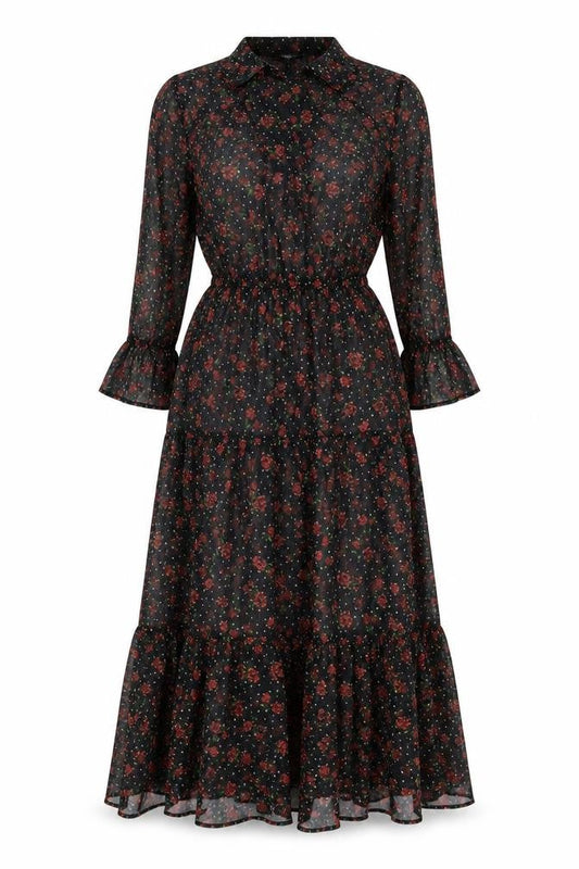 Marks & Spencer Womens Black Floral Polyester A-Line Size 8 Round Neck Tie