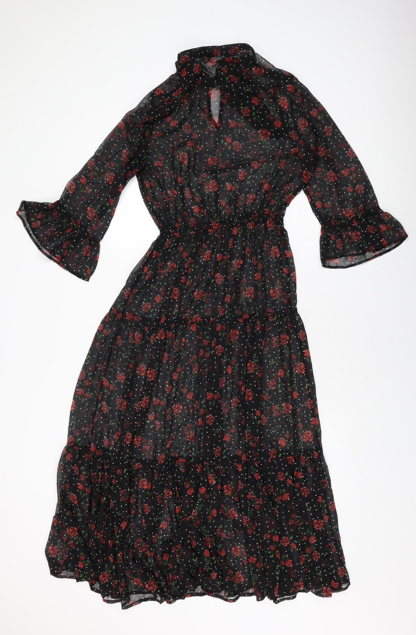 Marks and Spencer Womens Black Floral Polyester A-Line Size 8 Round Neck Tie