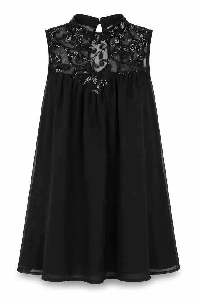 Boohoo Womens Black Polyester Trapeze & Swing Size 10 Round Neck Button - Sequin Mesh Neck