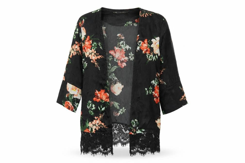 Miss Selfridge Womens Black Floral Polyester Kimono Blouse Size M V-Neck - Lace Trim