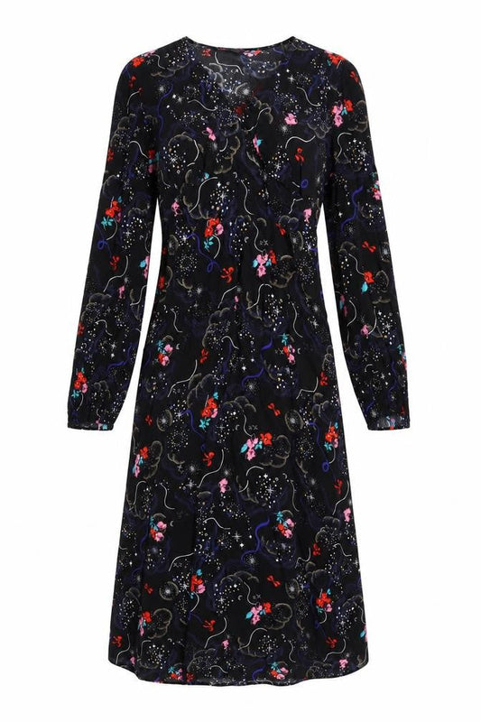 Marks & Spencer Womens Black Geometric Viscose A-Line Size 10 V-Neck Zip