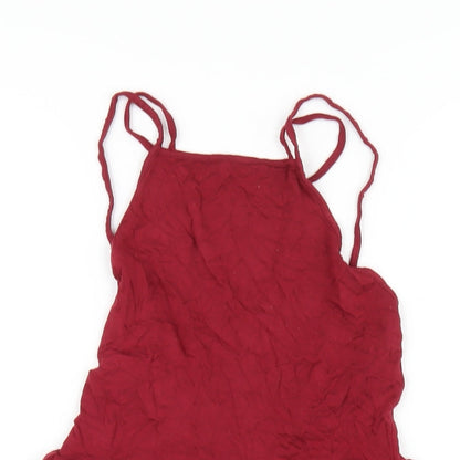 Close-up detail of ASOS women’s red viscose a-line, size UK 8, square neck pullover