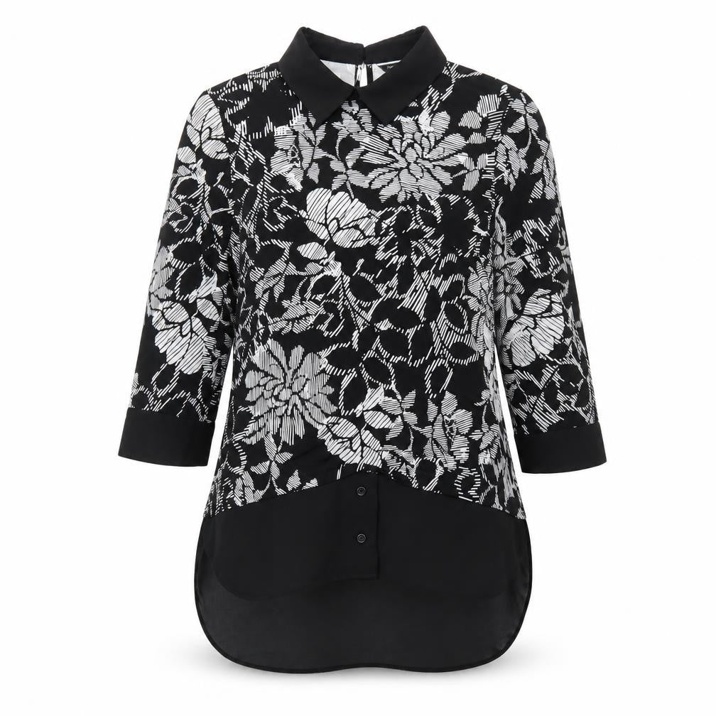 Roman Womens Black Geometric Polyester Basic Blouse Size 14 Collared