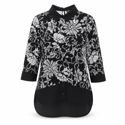 Front view of Roman women’s black geometric polyester basic blouse, size UK 14, collared