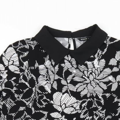 Close-up detail of Roman women’s black geometric polyester basic blouse, size UK 14, collared