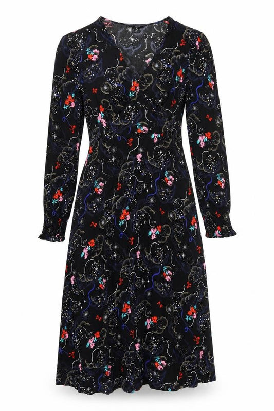 Marks & Spencer Womens Black Geometric Viscose A-Line Size 10 V-Neck Zip