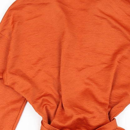 Brand and care label for In the Style women’s orange polyester mini, size UK 10, v-neck zip