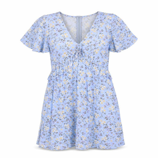 Front view of In the Style women’s blue floral viscose a-line, size UK 10, v-neck zip